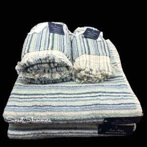 6pc BROOKS BROTHERS Blue Green Ombre Striped THICK PLUSH TURKISH Towel Set NEW